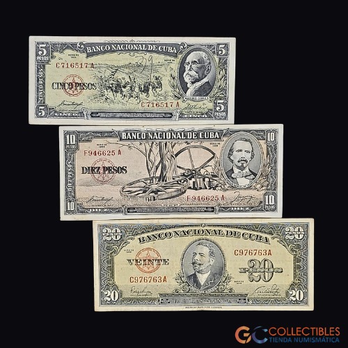 Lote 0055 - Cuba - Set x 3 billetes 5, 10 y 20 Pesos